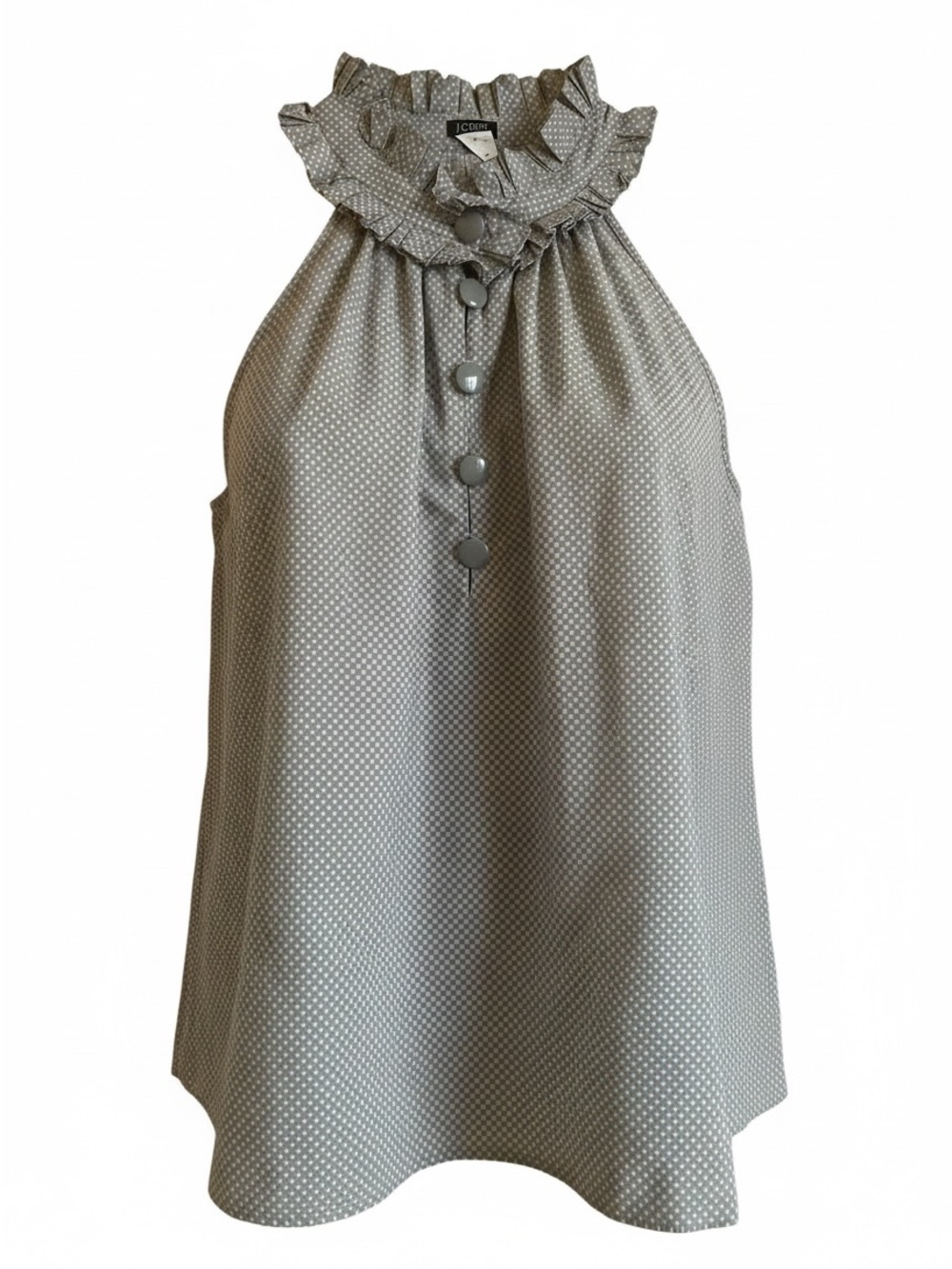 J. Crew Gray Polka Dot Ruffle-Neck Sleeveless Top